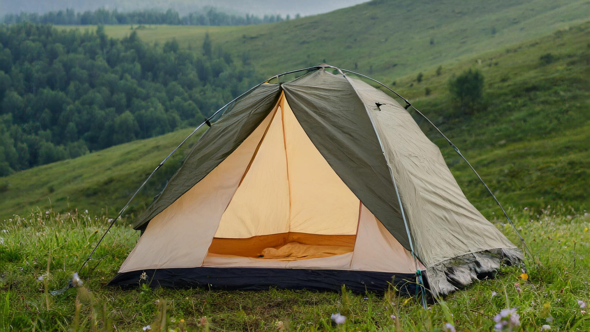 Essential things to bring in long-distance hike | Tent on grass background blurry hills